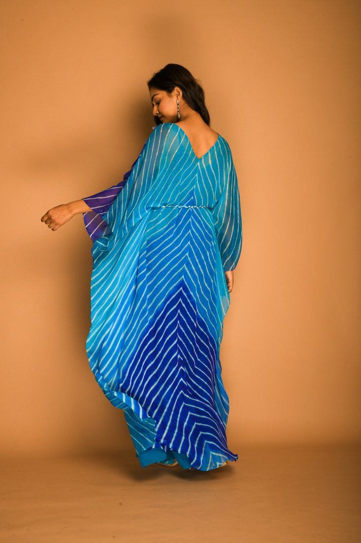 Sky Blue Georgette Leheriya Kaftan Tunic with Belt