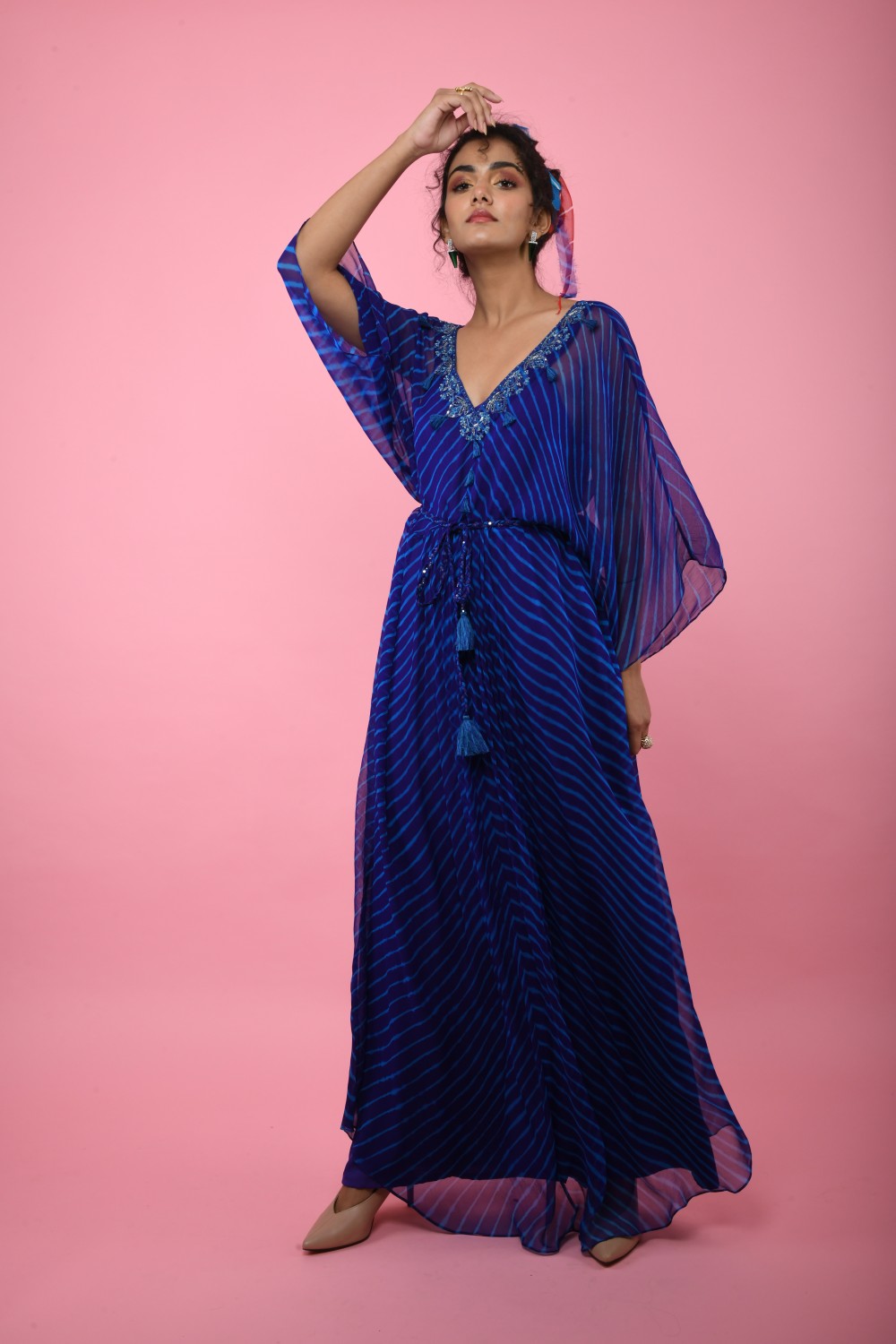 Navy Blue Leheriya Tunic With Belt