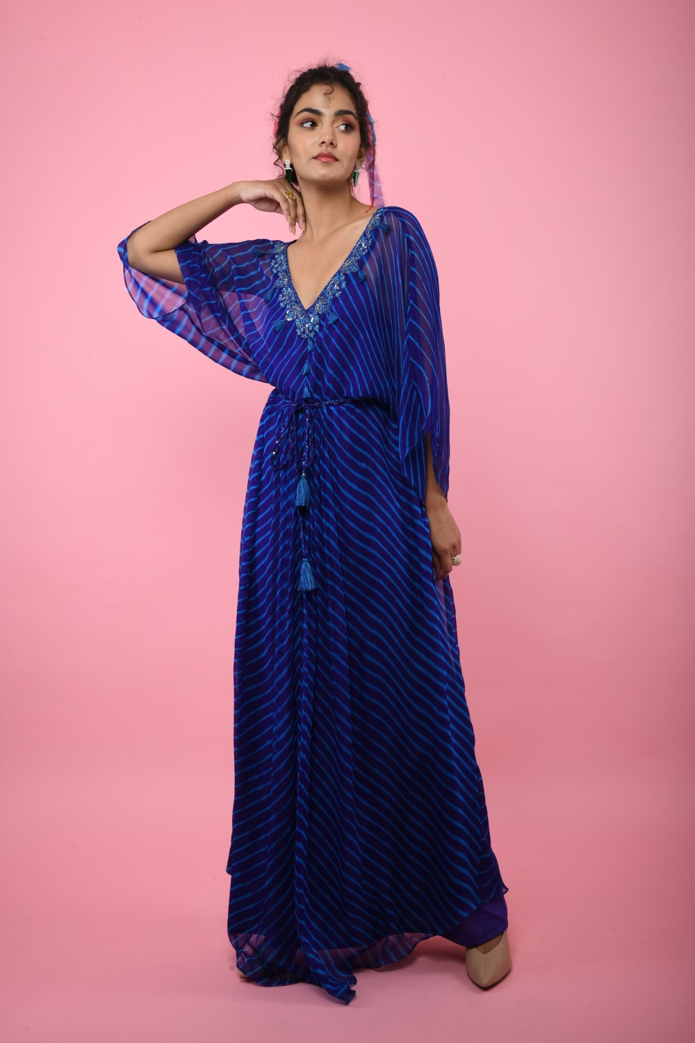 Navy Blue Leheriya Tunic With Belt