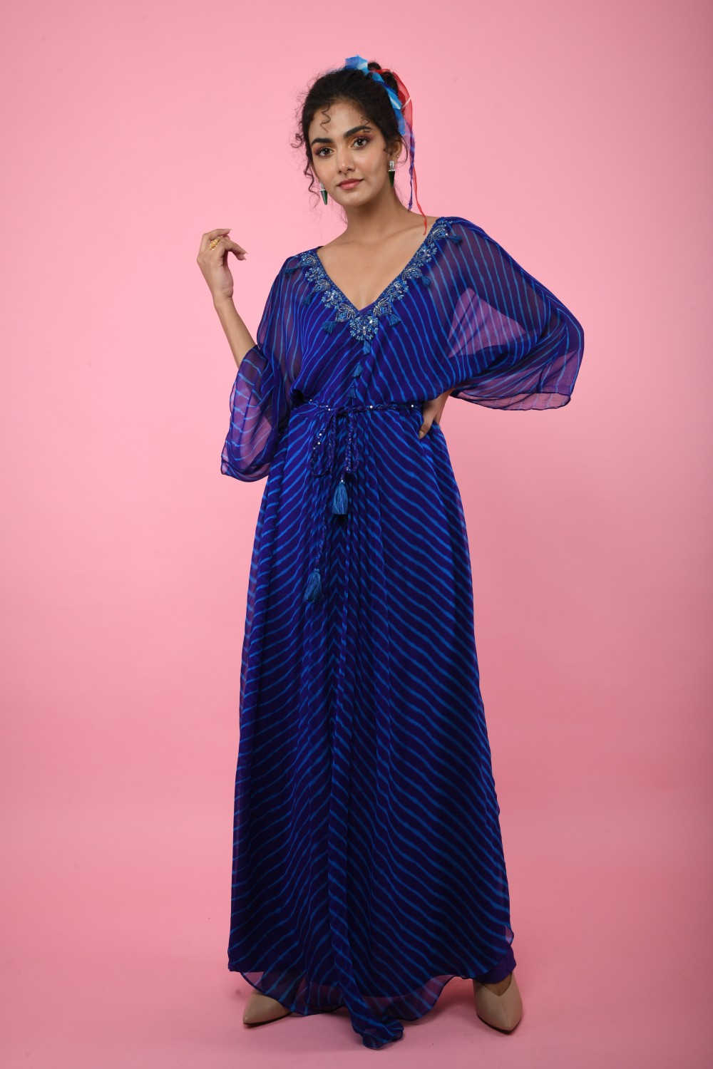 Navy Blue Leheriya Tunic With Belt