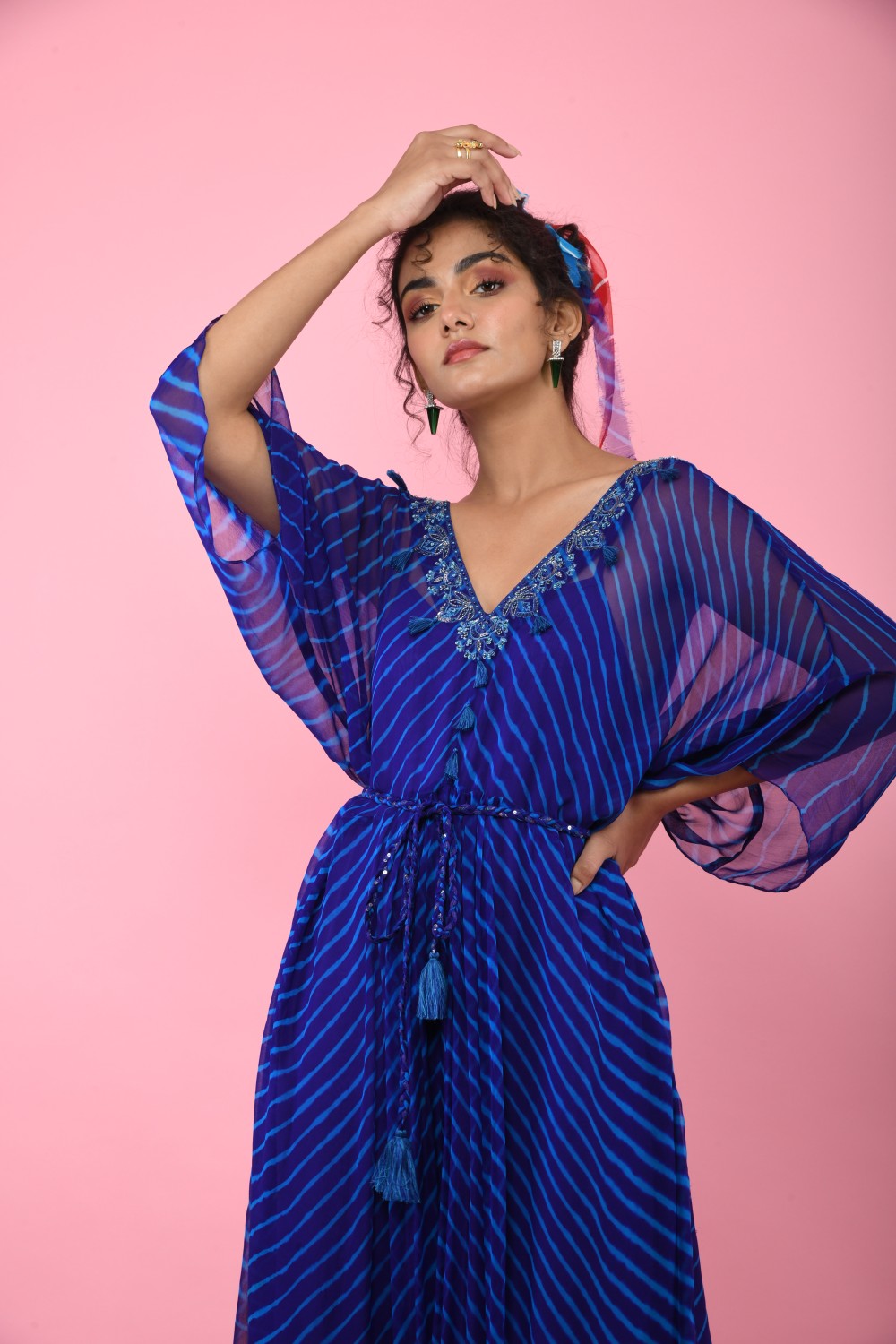 Navy Blue Leheriya Tunic With Belt