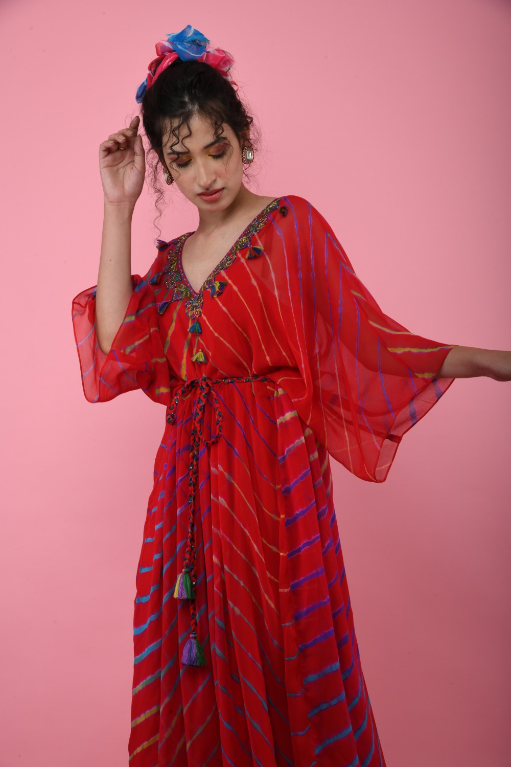 Red Leheriya Tunic With Tie Up Belt