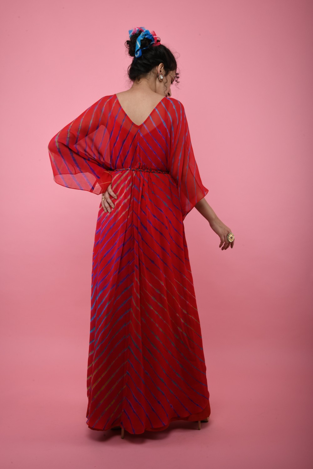 Red Leheriya Tunic With Tie Up Belt