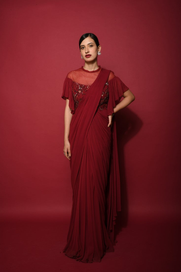 Ombre dark red draped saree