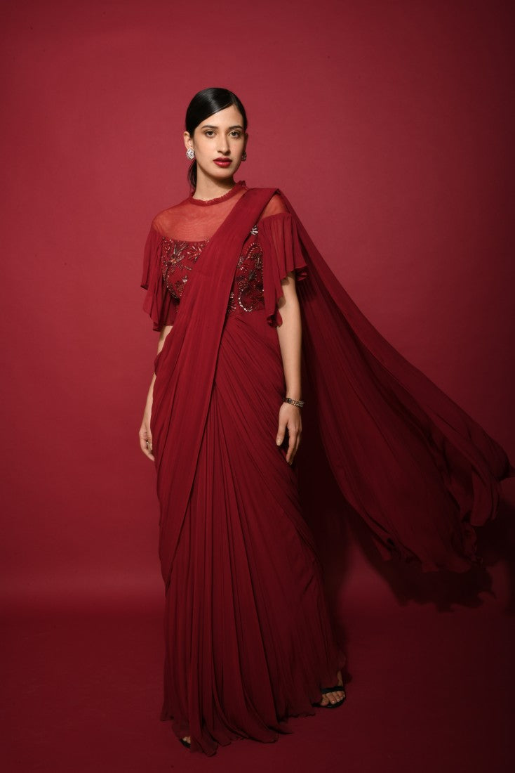 Ombre dark red draped saree
