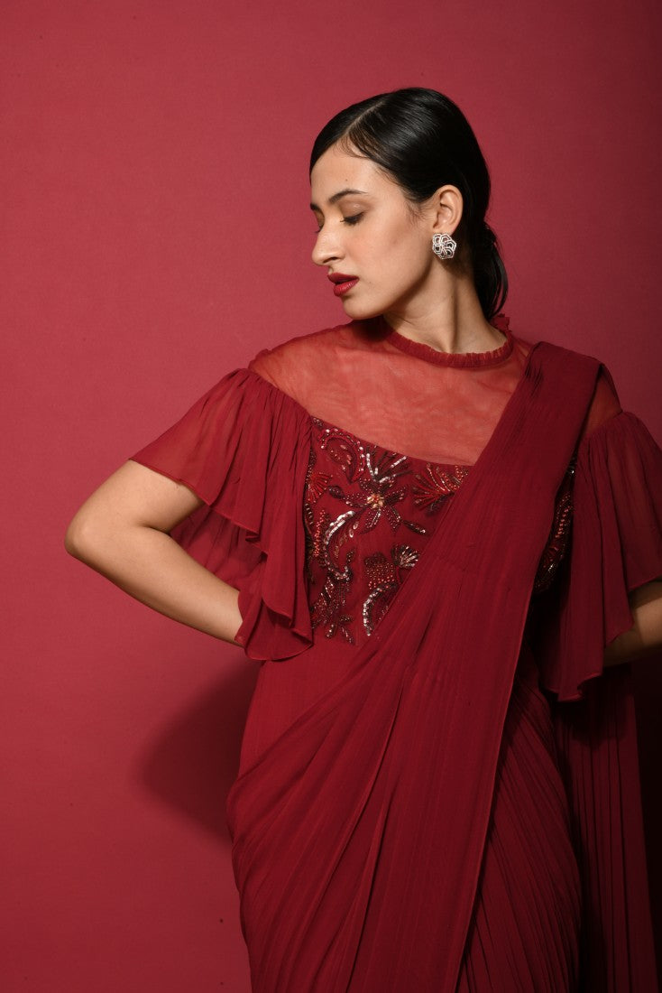 Ombre dark red draped saree
