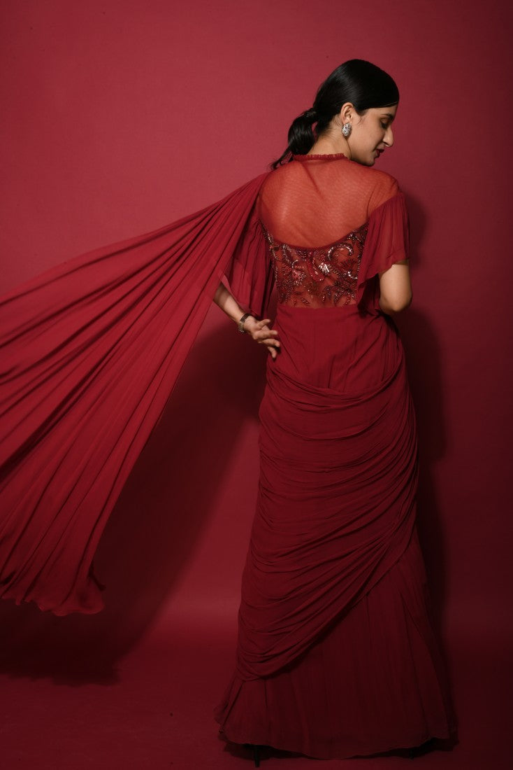 Ombre dark red draped saree