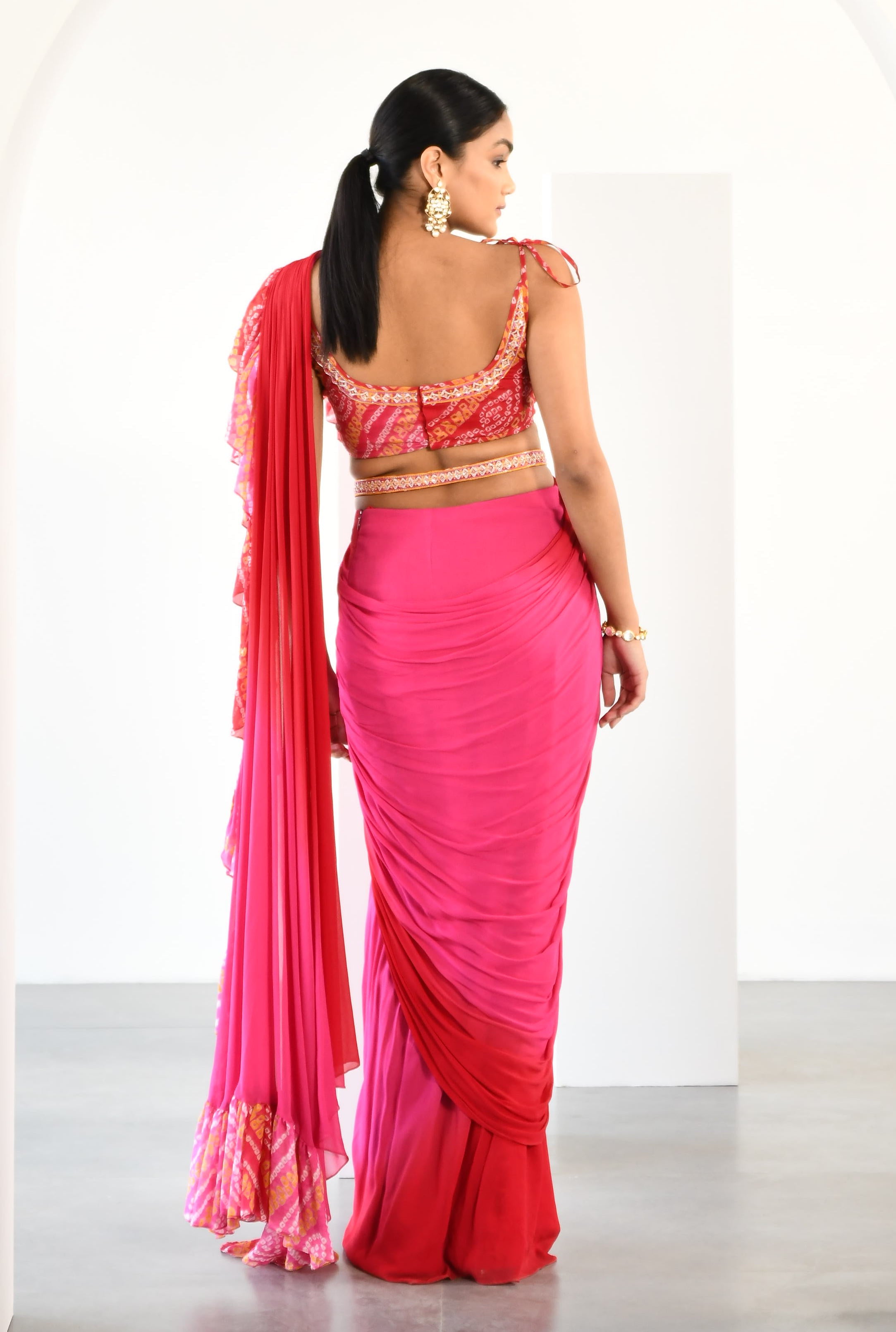 RED PINK BANDHEJ FRILL DRAPE SAREE