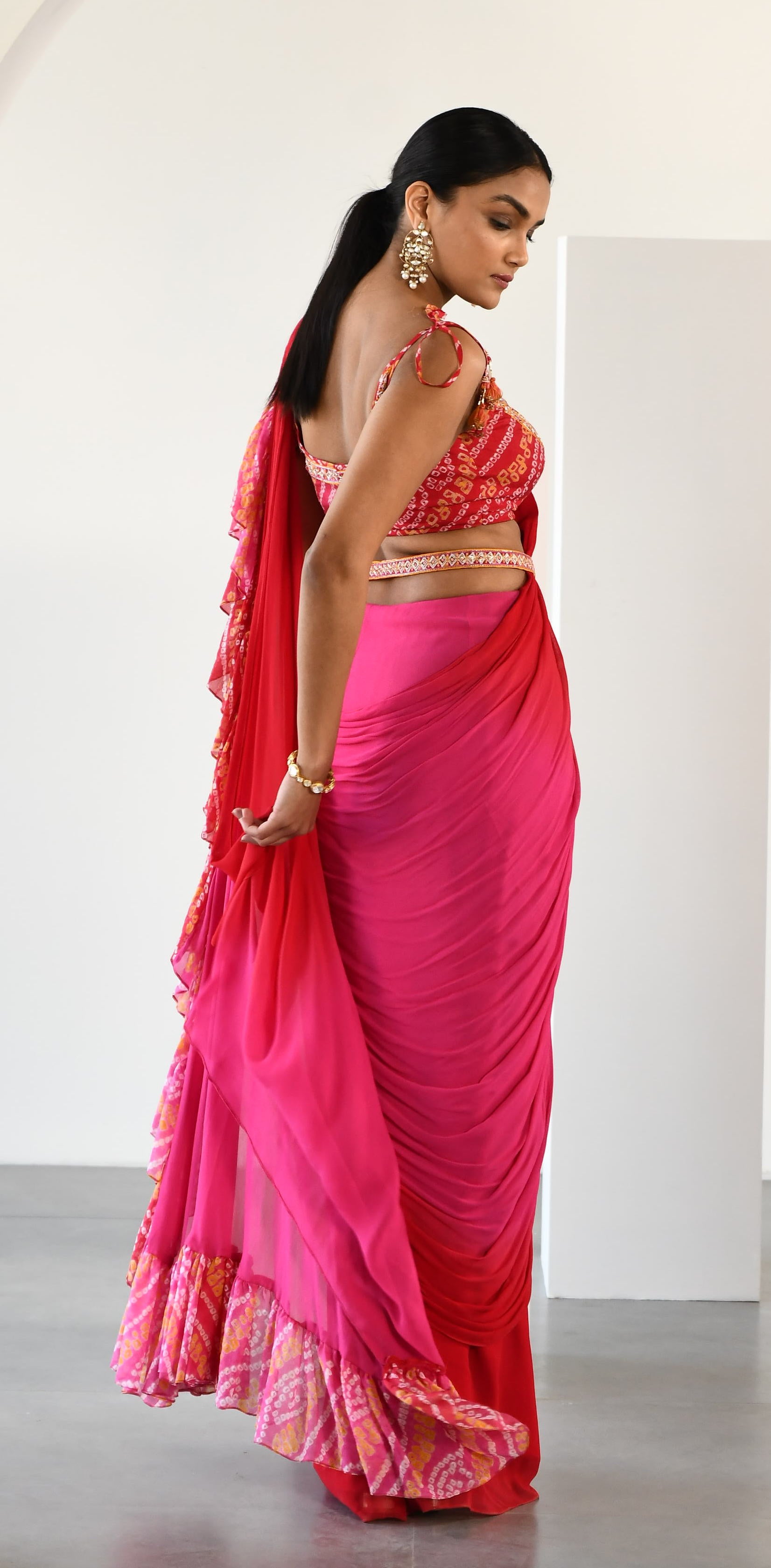 RED PINK BANDHEJ FRILL DRAPE SAREE