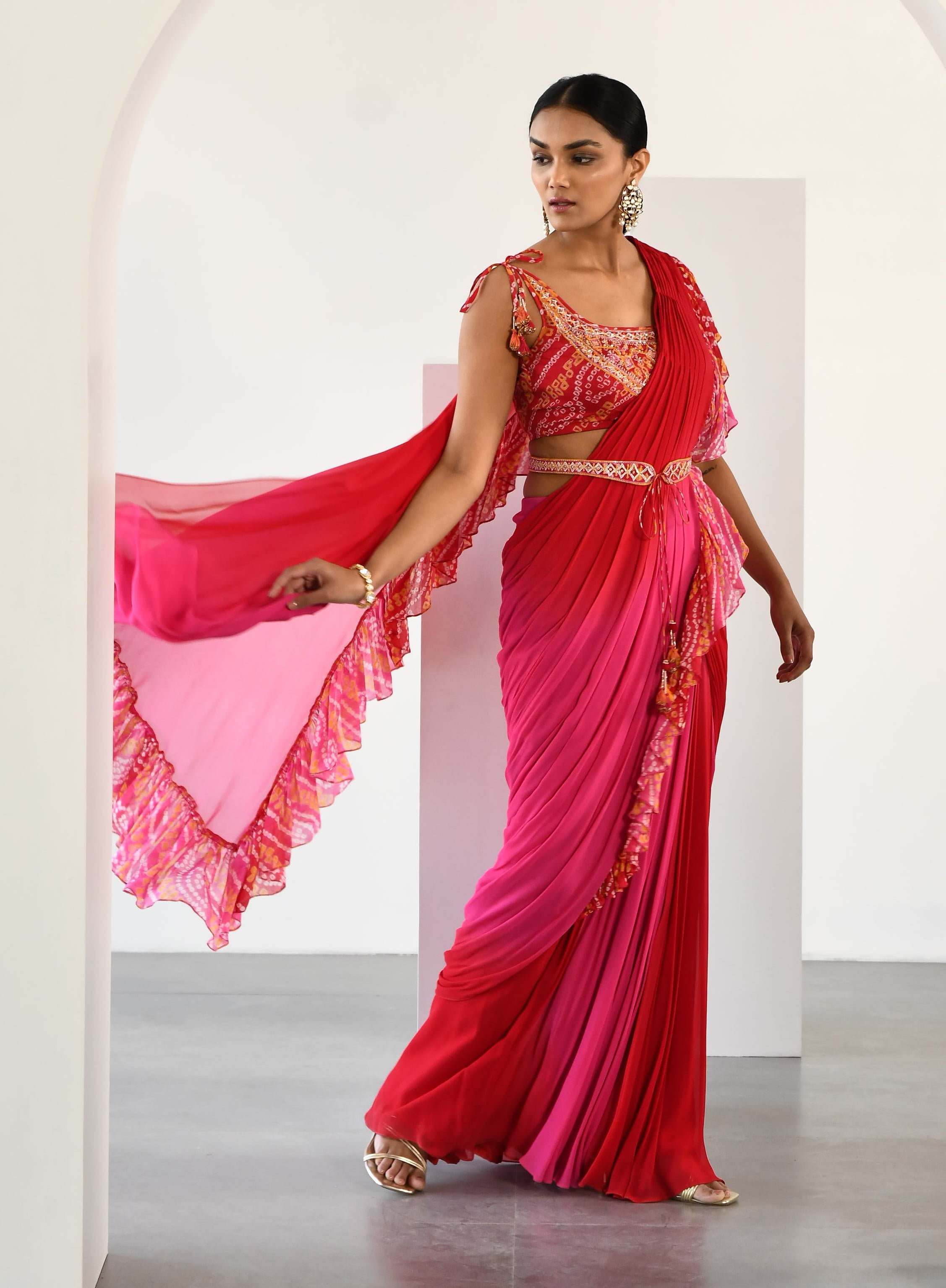 RED PINK BANDHEJ FRILL DRAPE SAREE