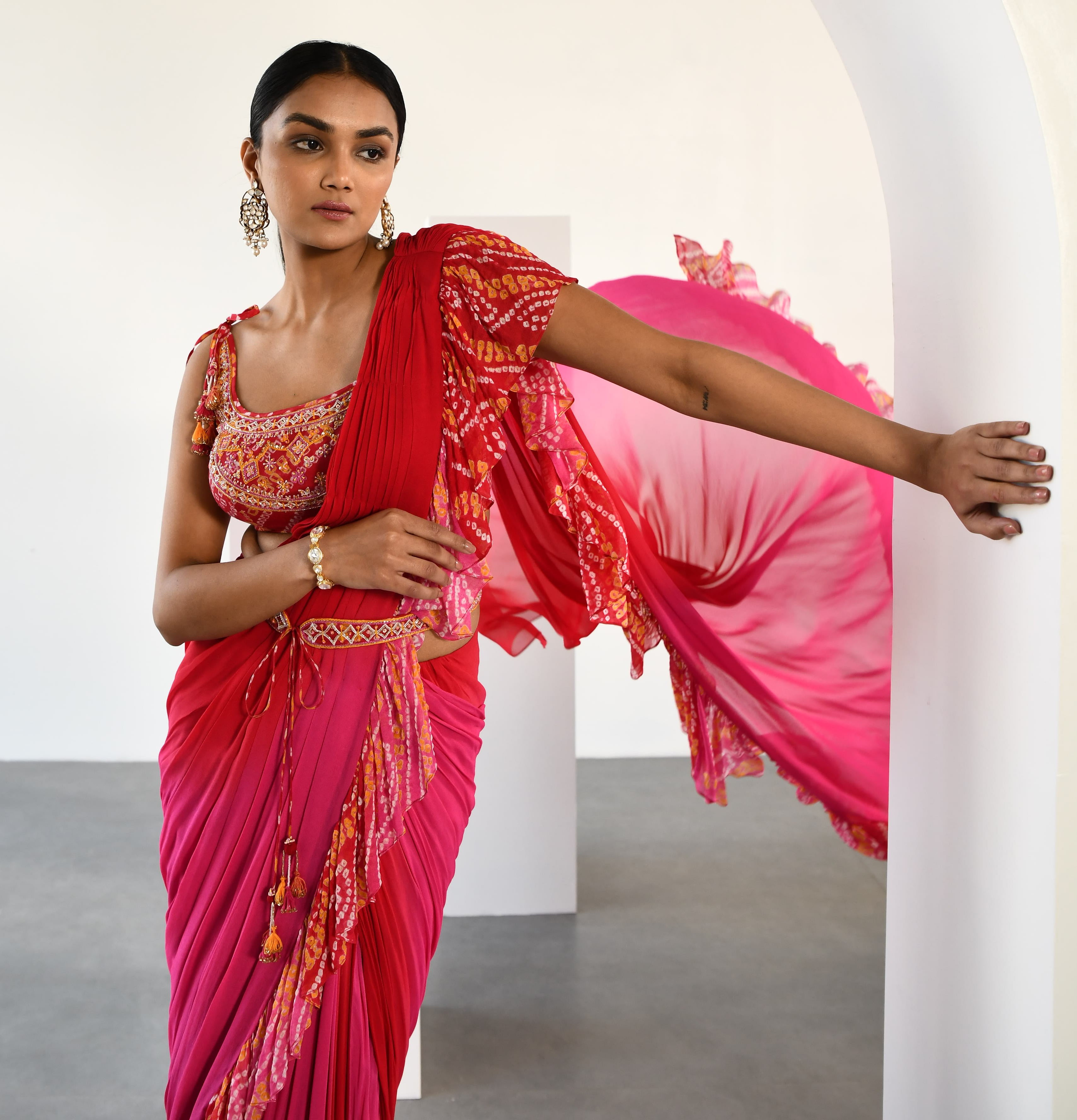 RED PINK BANDHEJ FRILL DRAPE SAREE