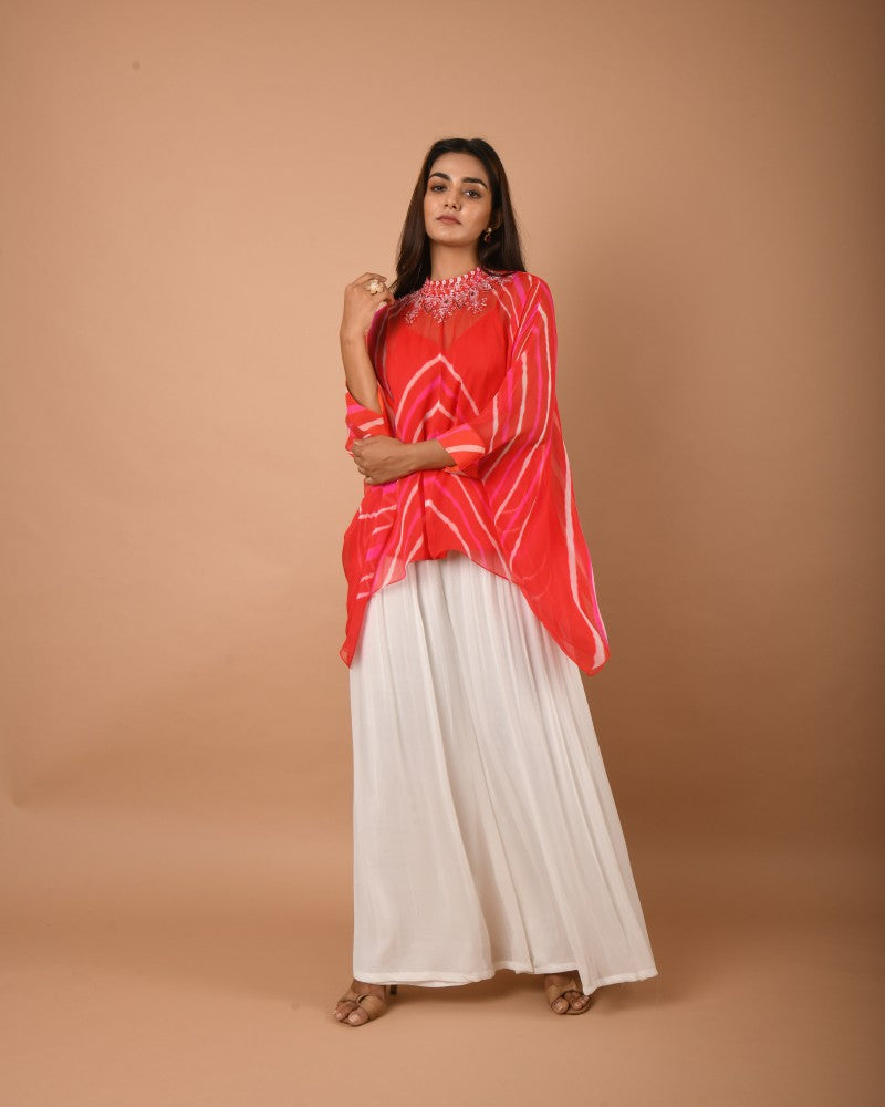 Orange pink white leheriya top pant