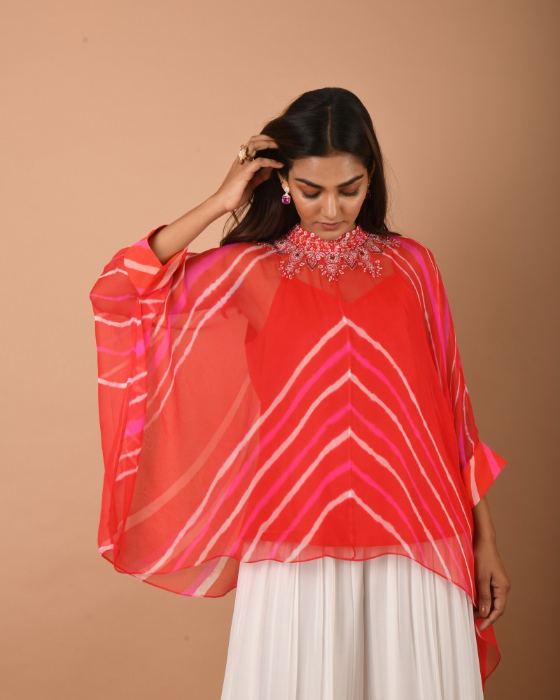 Orange pink white leheriya top pant