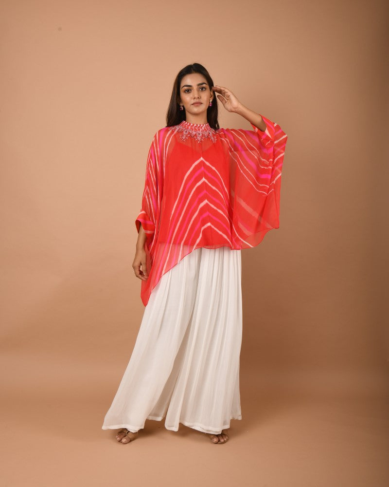 Orange pink white leheriya top pant
