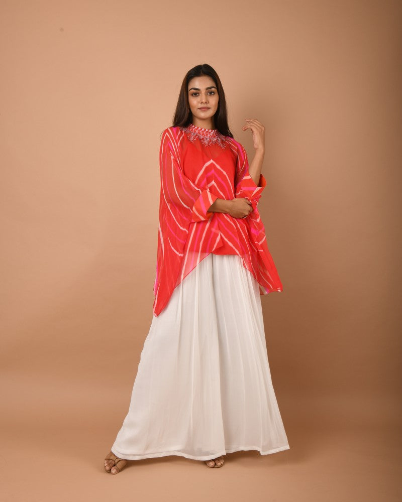 Orange pink white leheriya top pant