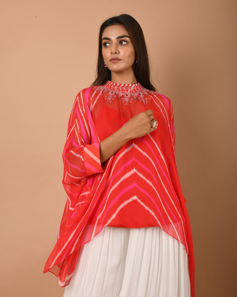 Orange pink white leheriya top pant