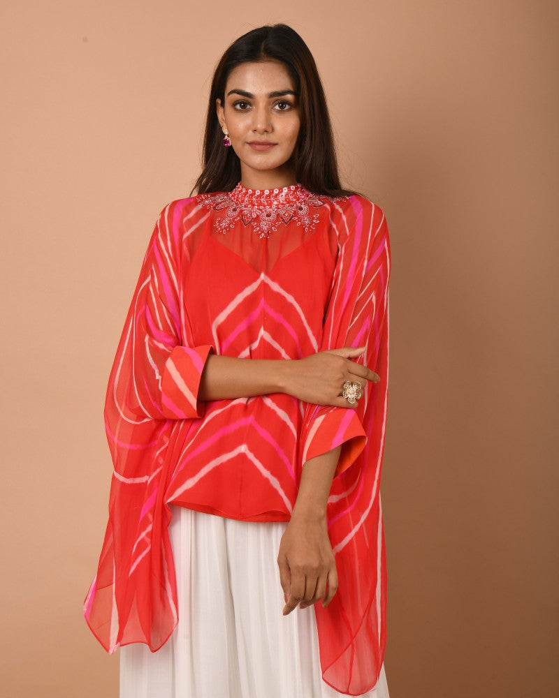 Orange pink white leheriya top pant