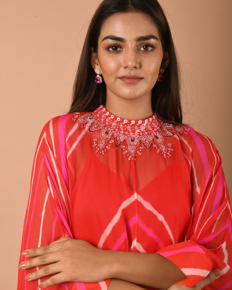 Orange pink white leheriya top pant