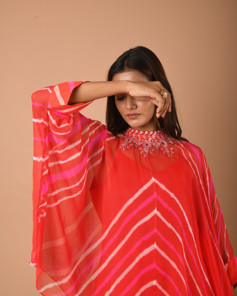 Orange pink white leheriya top pant