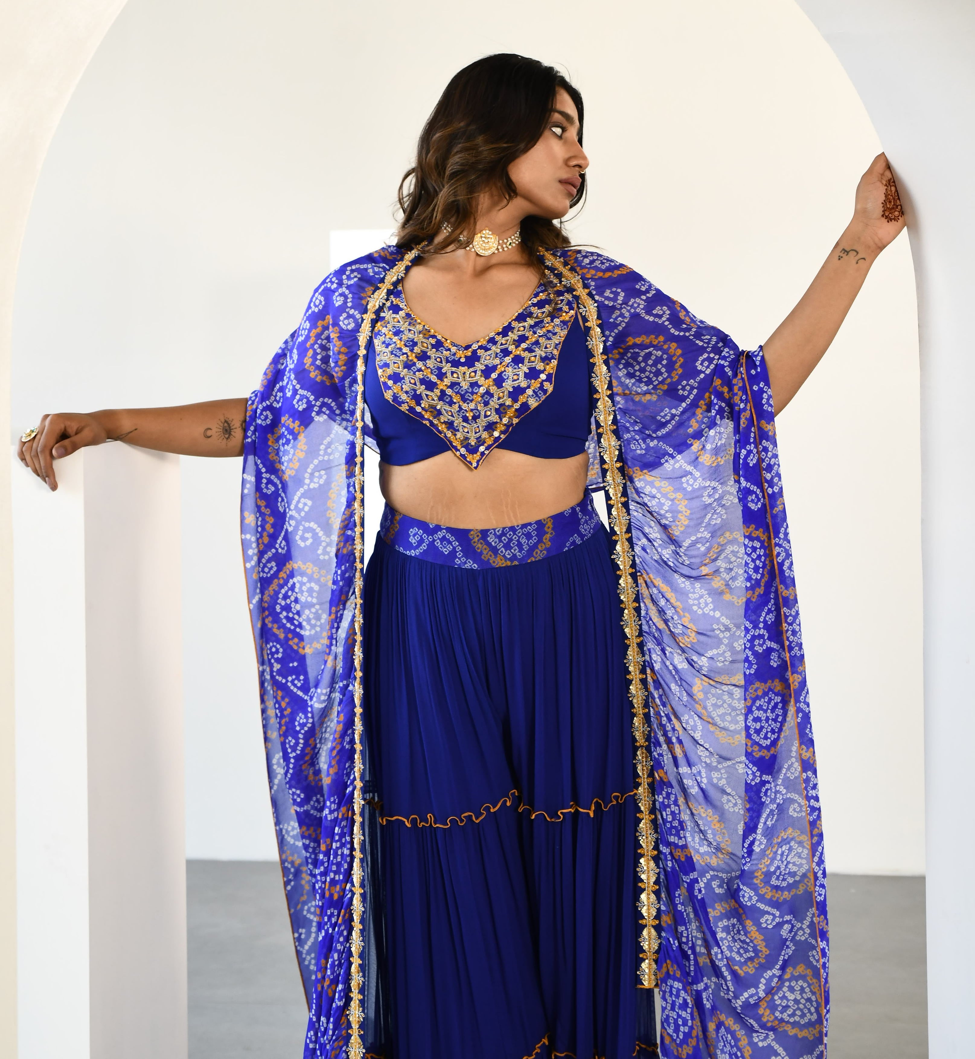 BLUE BANDHEJ  DRAPE SAREE