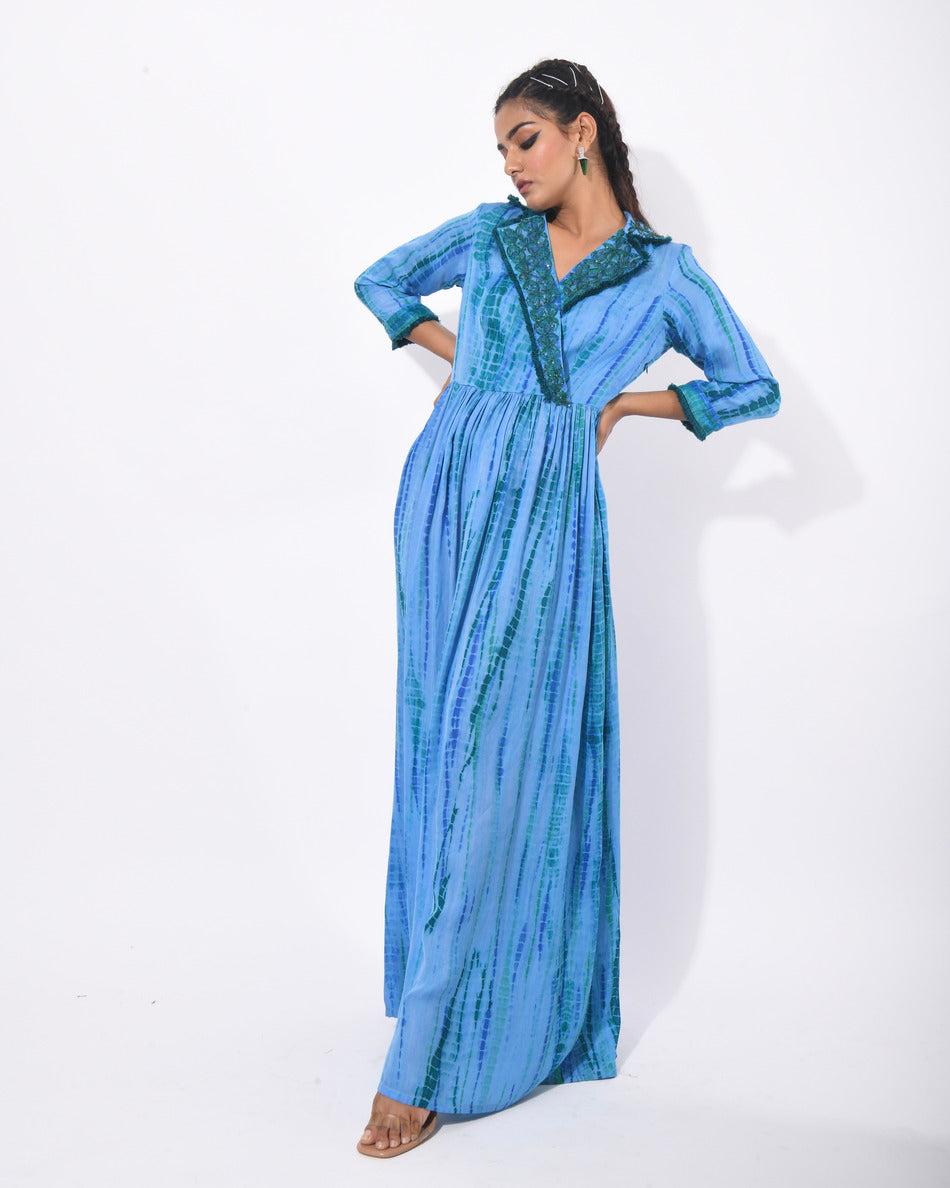 Tie and dye shibori collar maxi