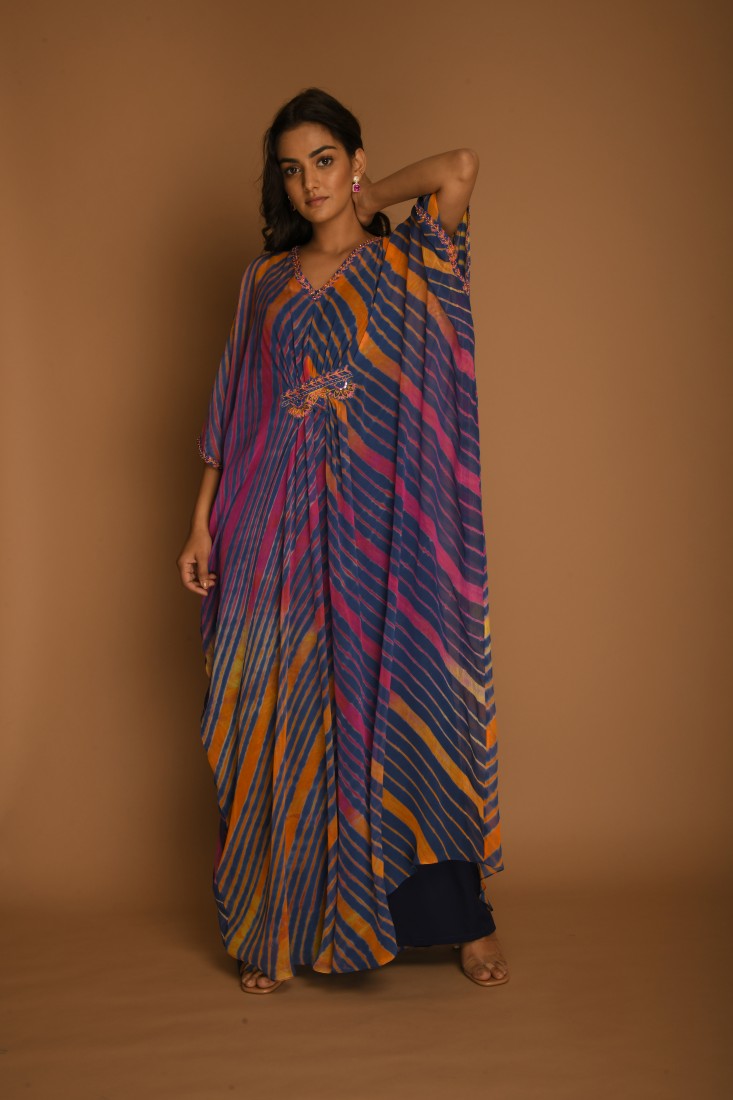 Blue Mustard and Pink Leheriya Kaftan Tunic