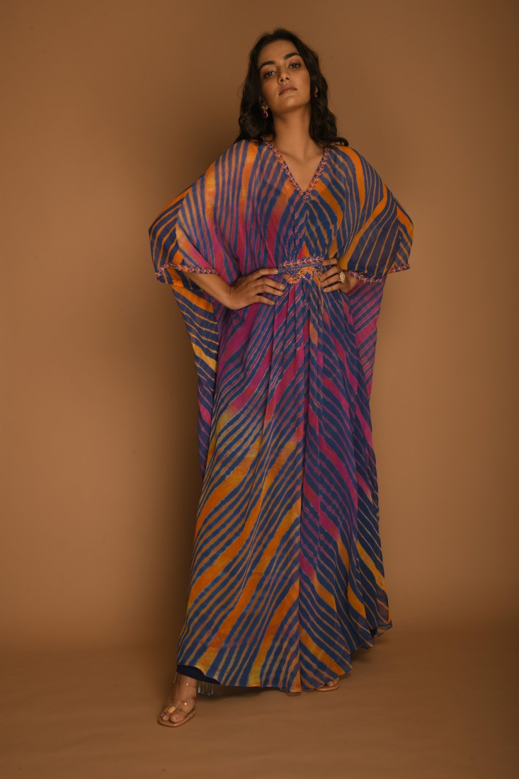 Blue Mustard and Pink Leheriya Kaftan Tunic