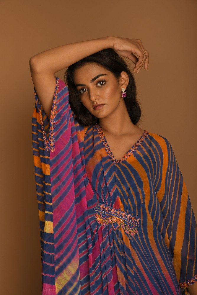 Blue Mustard and Pink Leheriya Kaftan Tunic