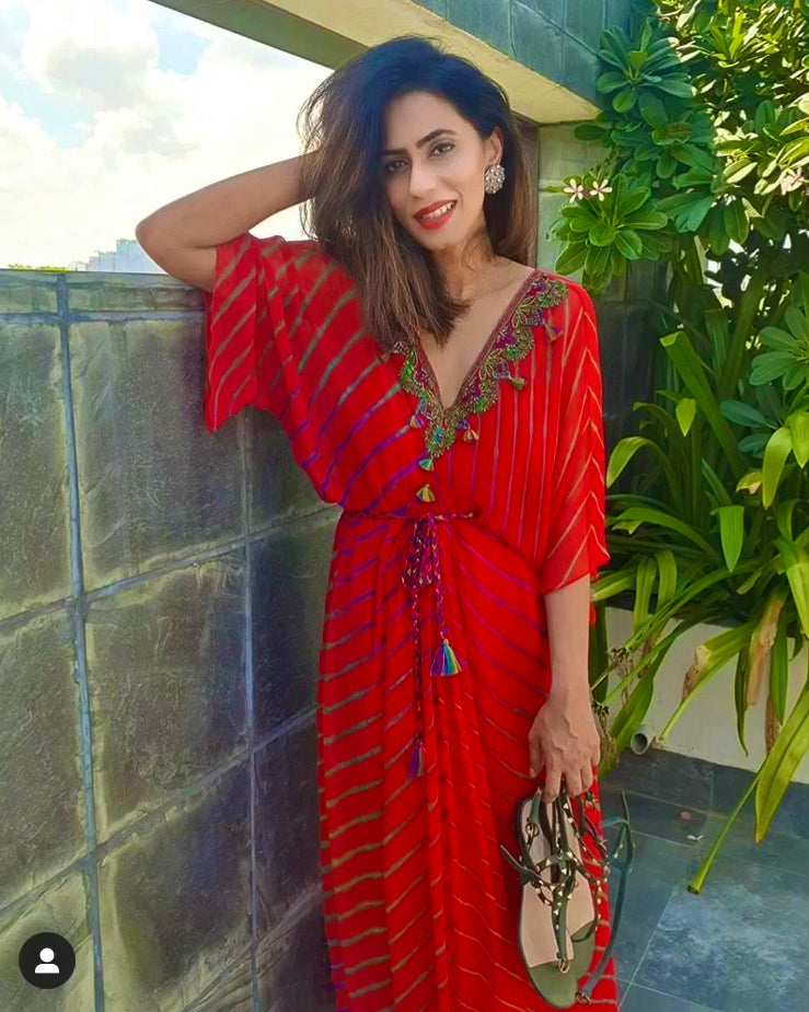 Red Leheriya Tunic With Tie Up Belt