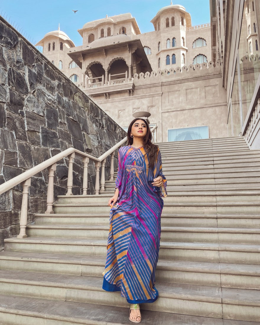 Blue Mustard and Pink Leheriya Kaftan Tunic