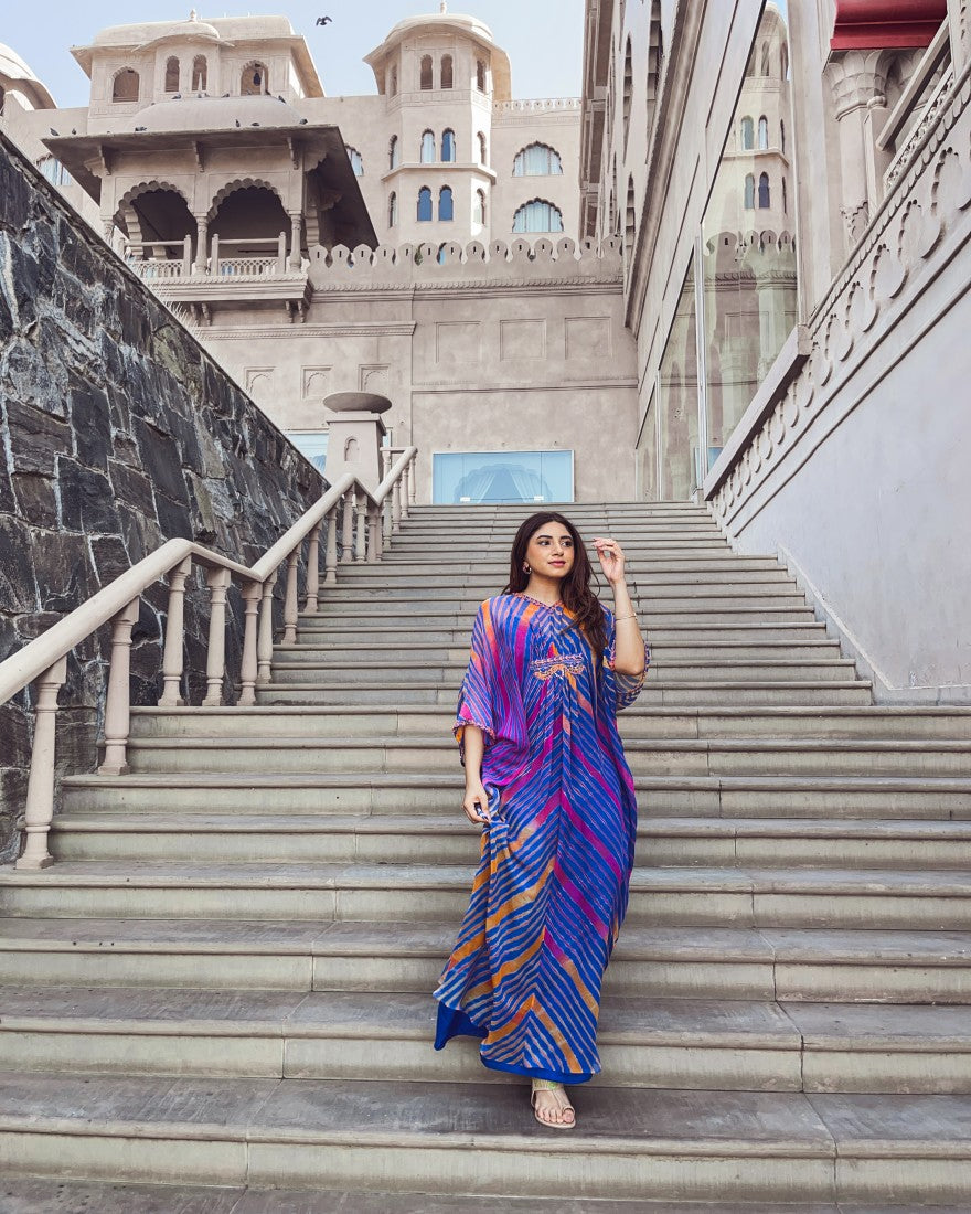 Blue Mustard and Pink Leheriya Kaftan Tunic