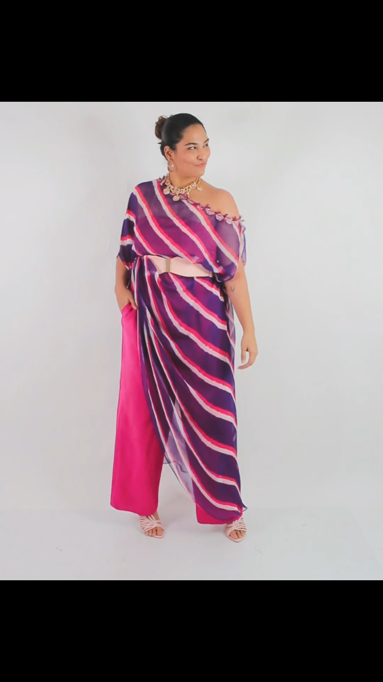 One Side Off Shoulder Lehriya Dress