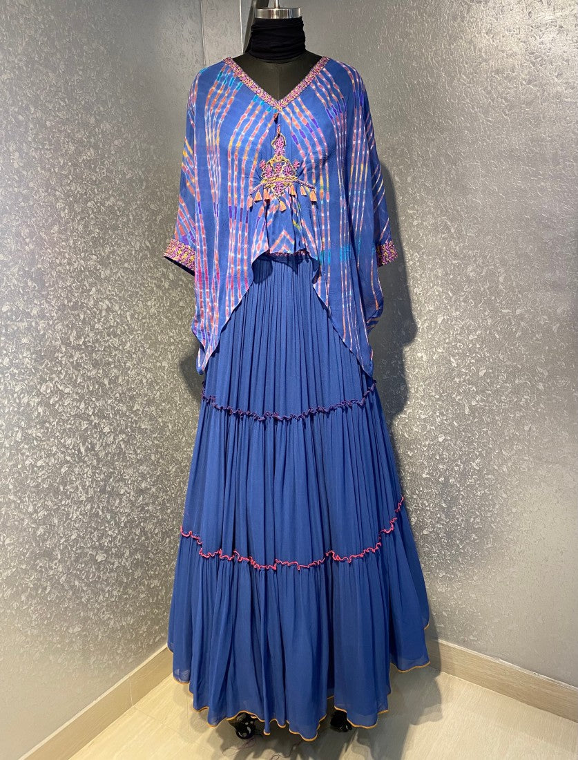 Asymmetric Kaftan top with tiered lehenga