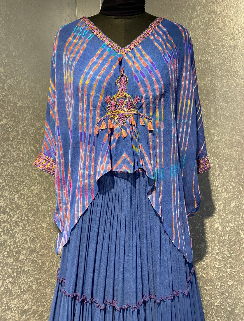 Asymmetric Kaftan top with tiered lehenga