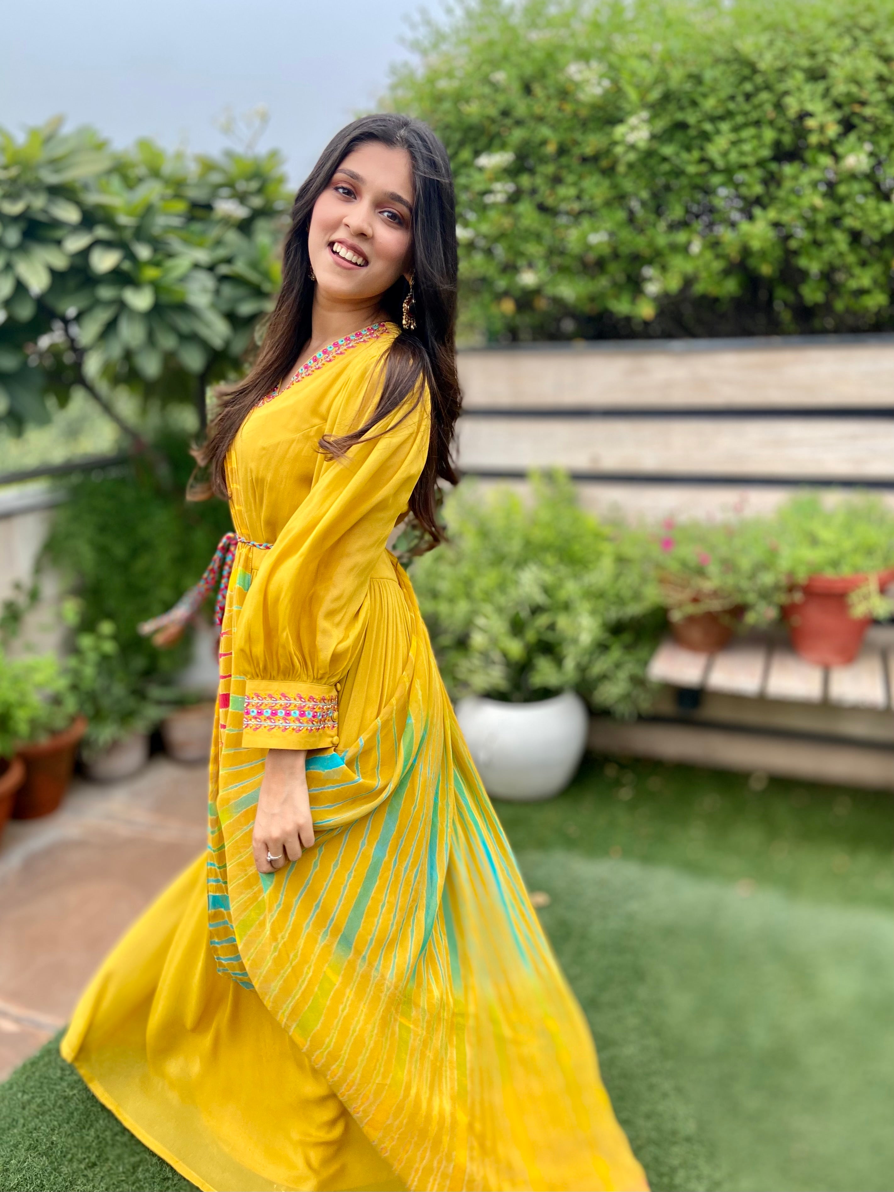 GOWN WITH MULTI COLOUR LEHERIYA DUPATTA.