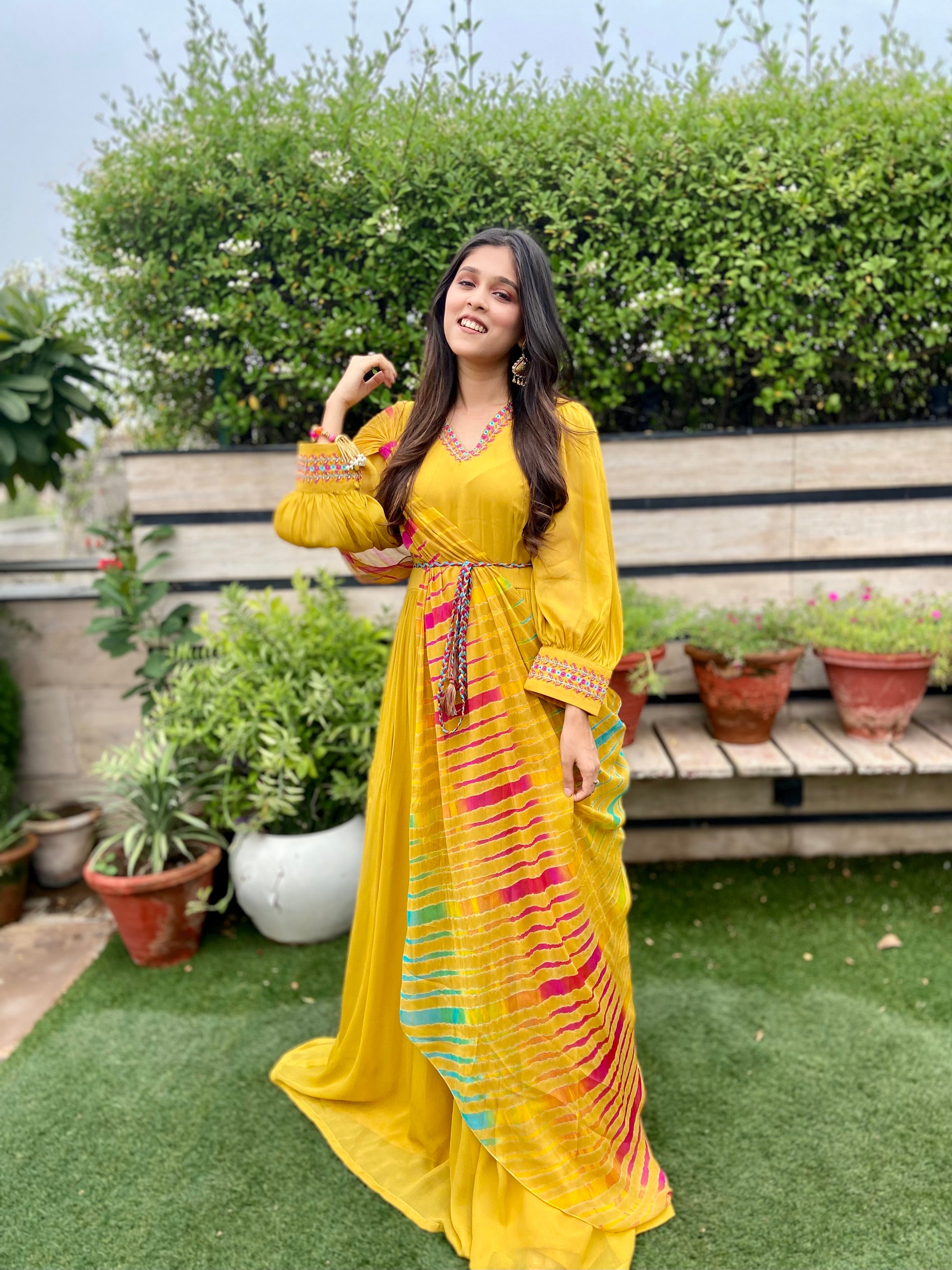 GOWN WITH MULTI COLOUR LEHERIYA DUPATTA.