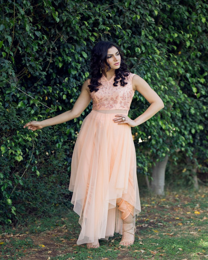PEACH ASYMMETRIC TUNIC DHOTI SET