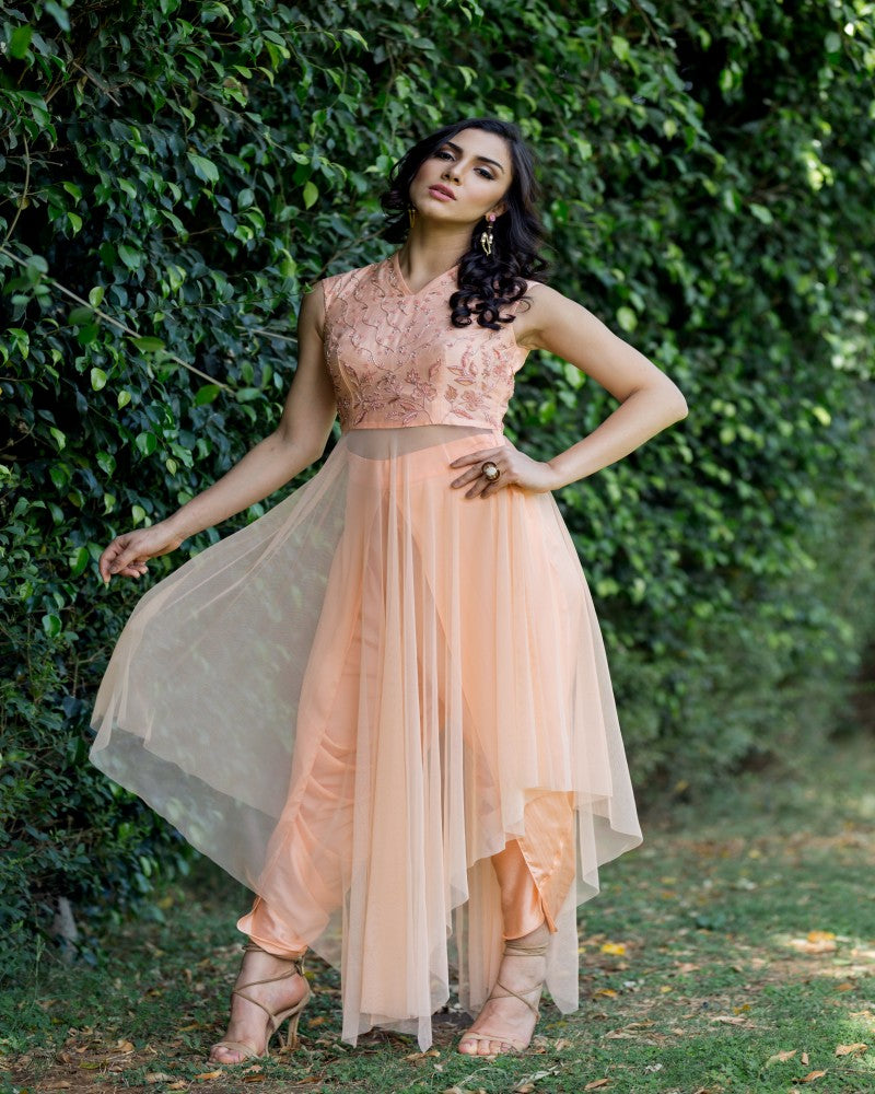 PEACH ASYMMETRIC TUNIC DHOTI SET