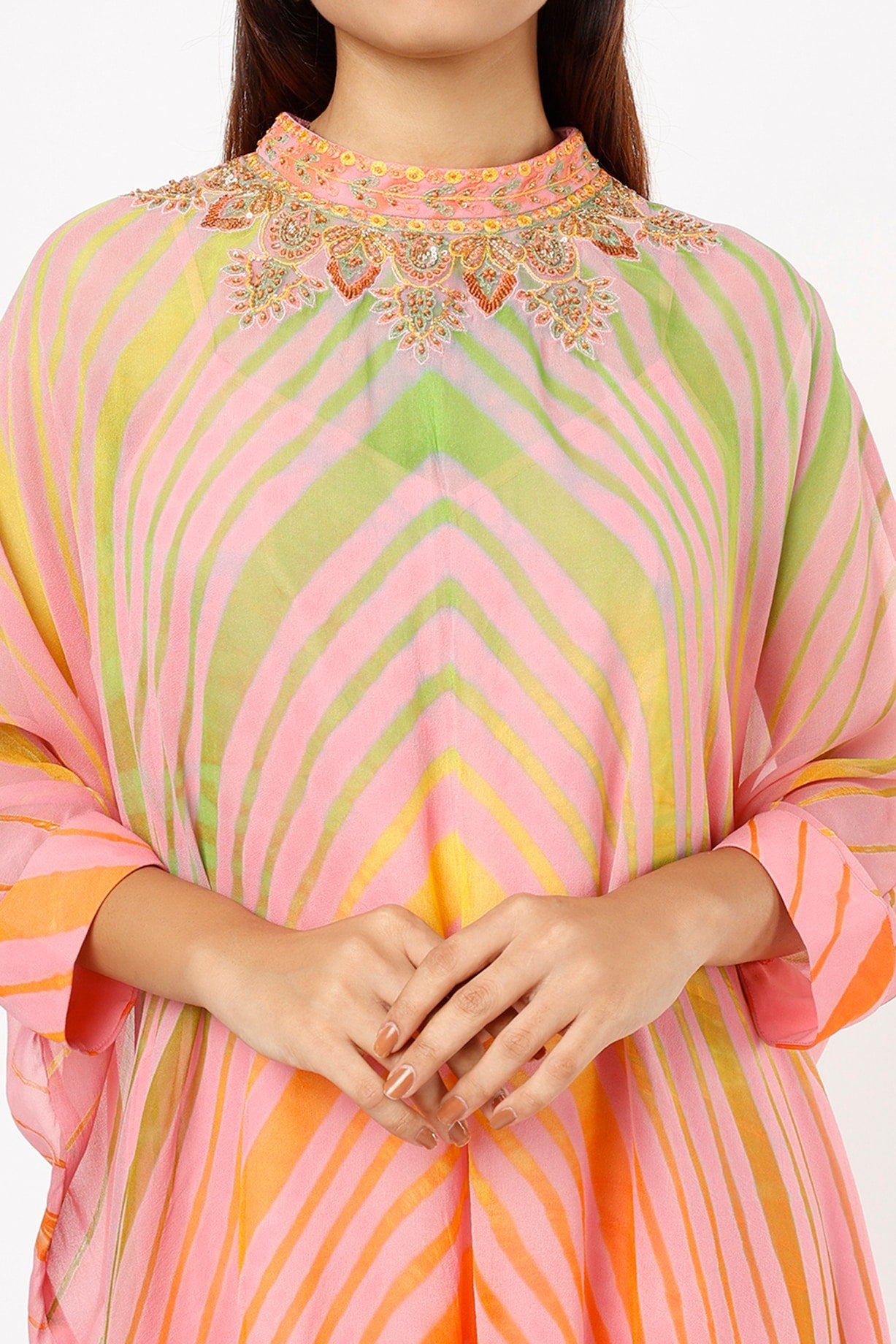 Peach multicolor leheriya tunic dress