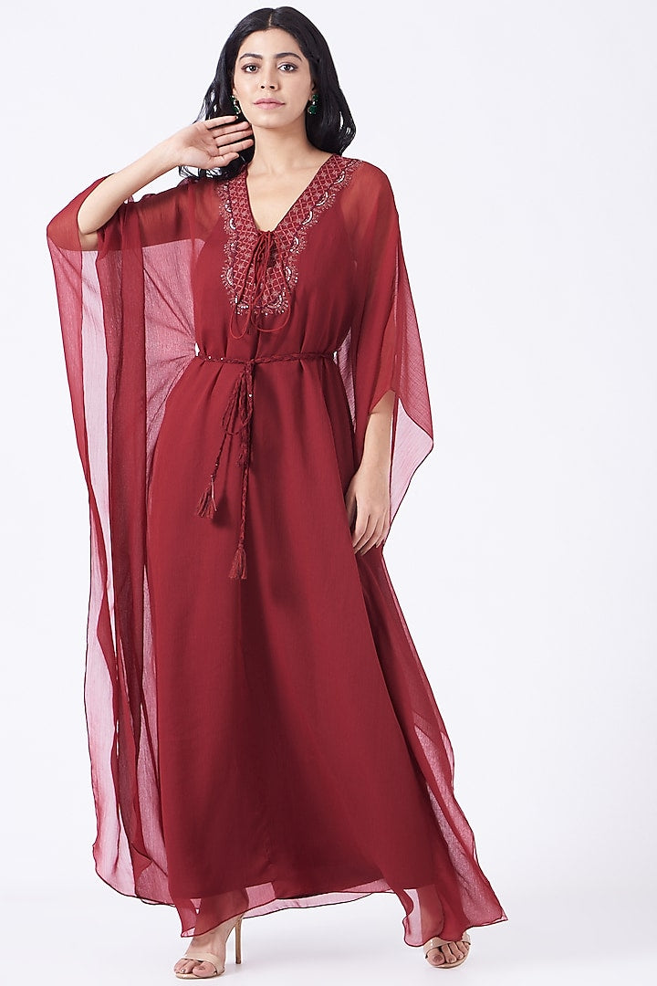 Maroon embroidered kaftan dress