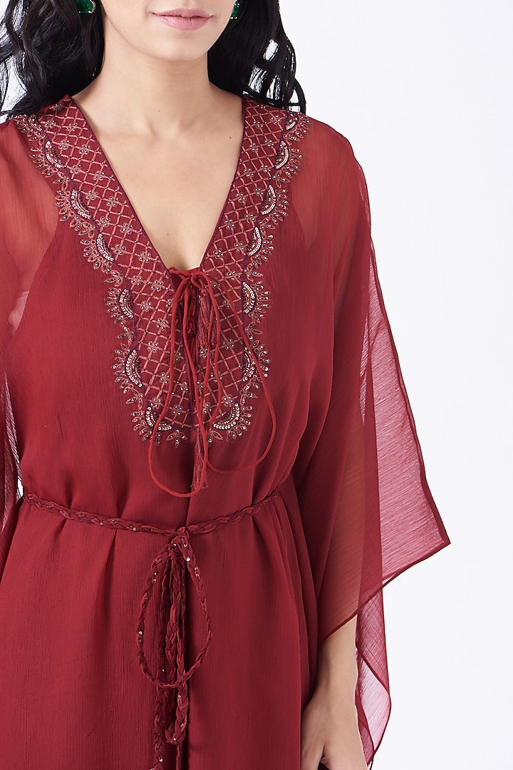 Maroon embroidered kaftan dress