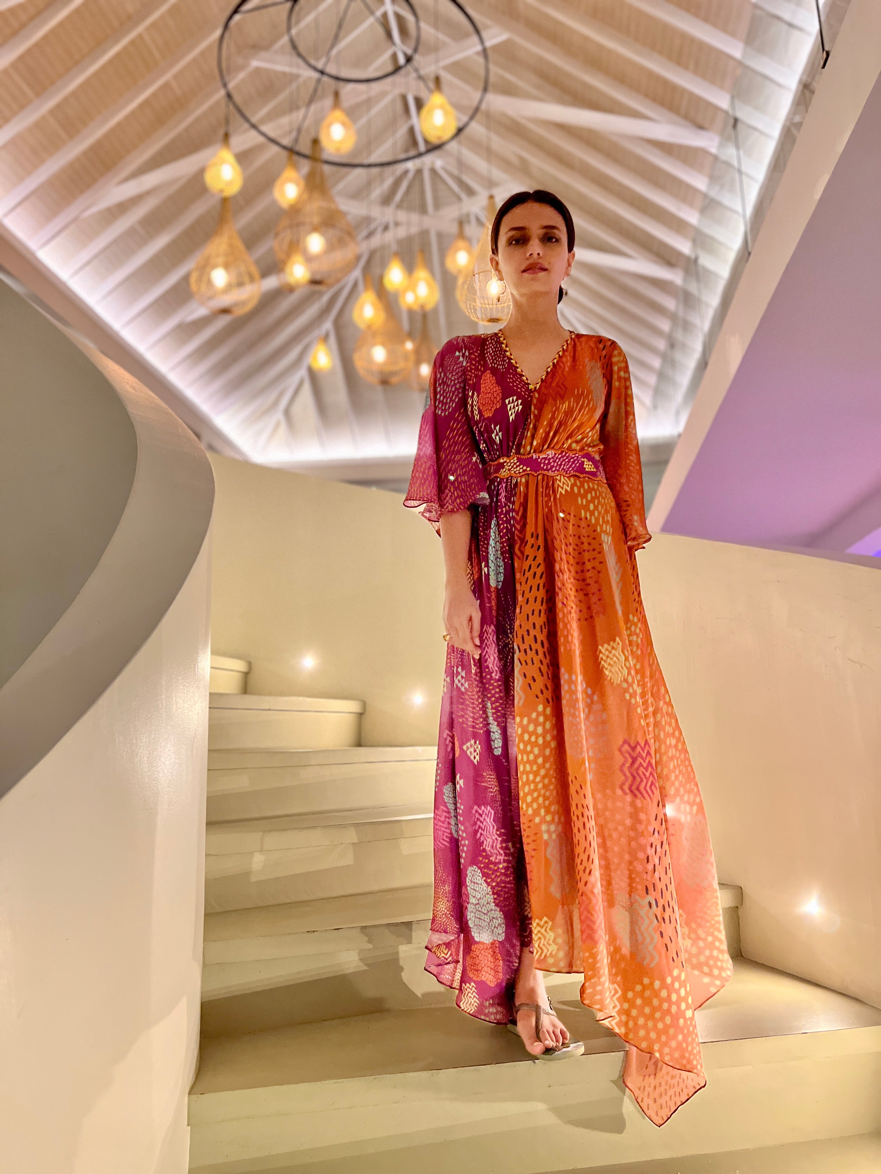 HALF AND HALF ASYMMETRIC DRESS WITH BELT