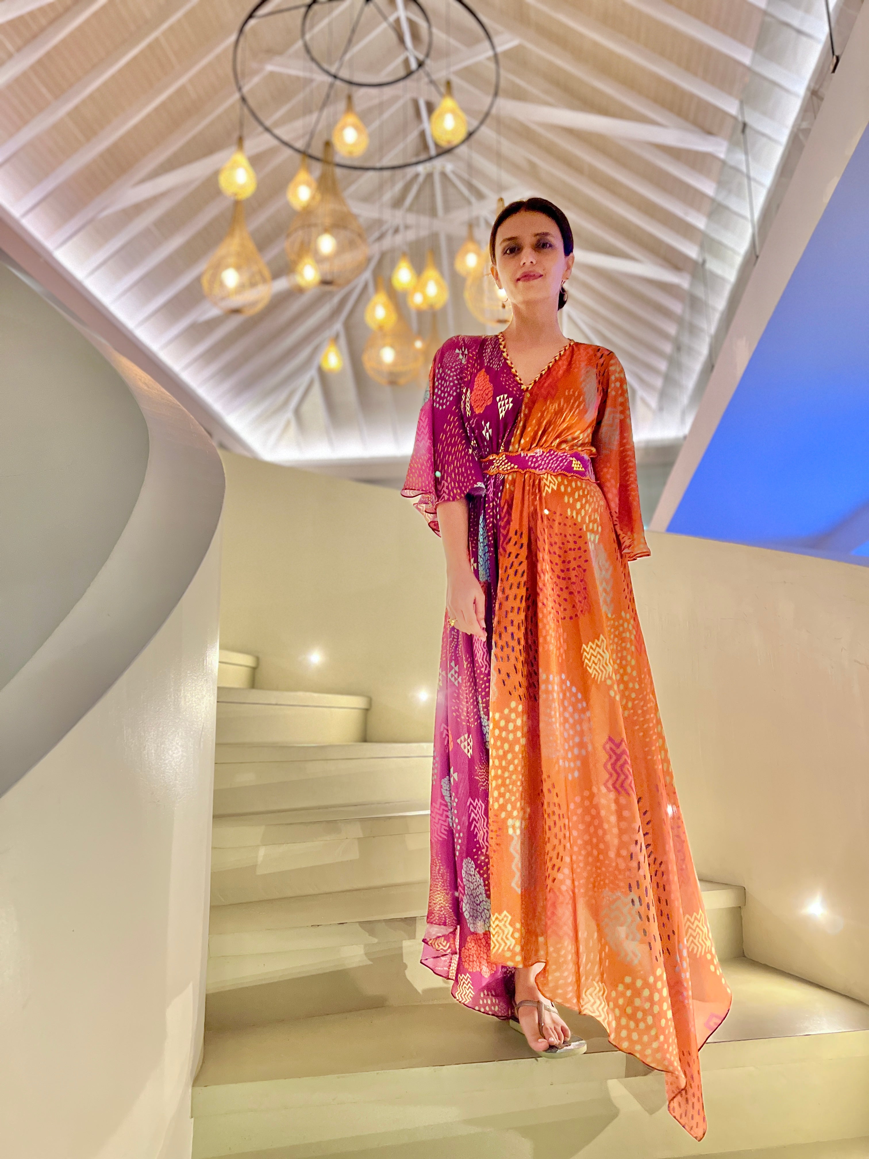 HALF AND HALF ASYMMETRIC DRESS WITH BELT