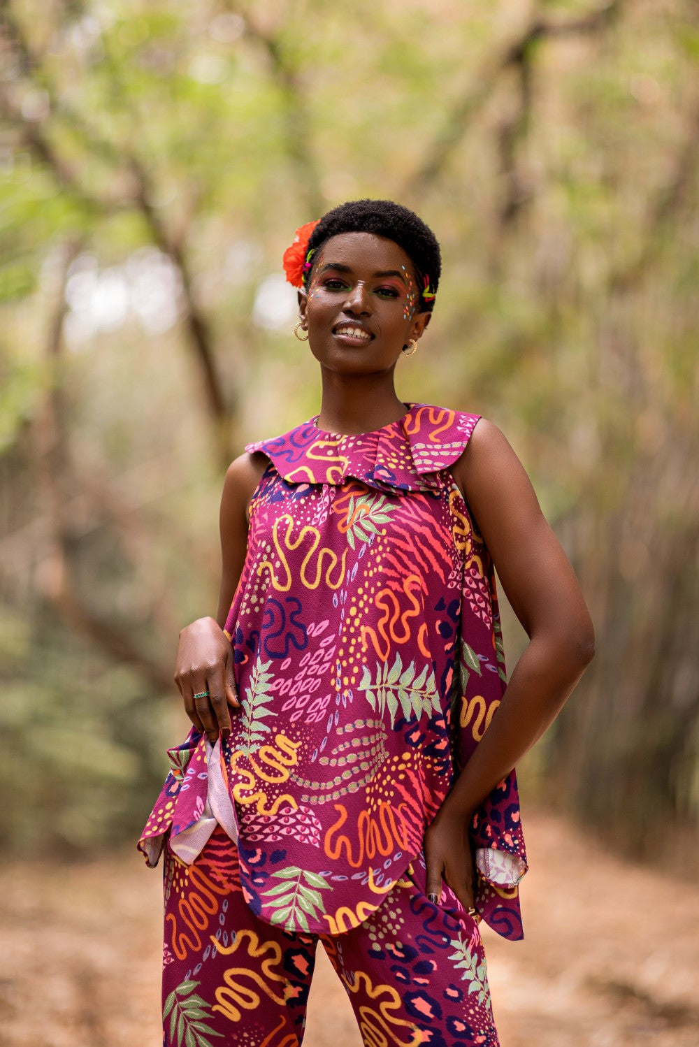 WINE RUFFLE NECK CO ORD SET TOP PANT