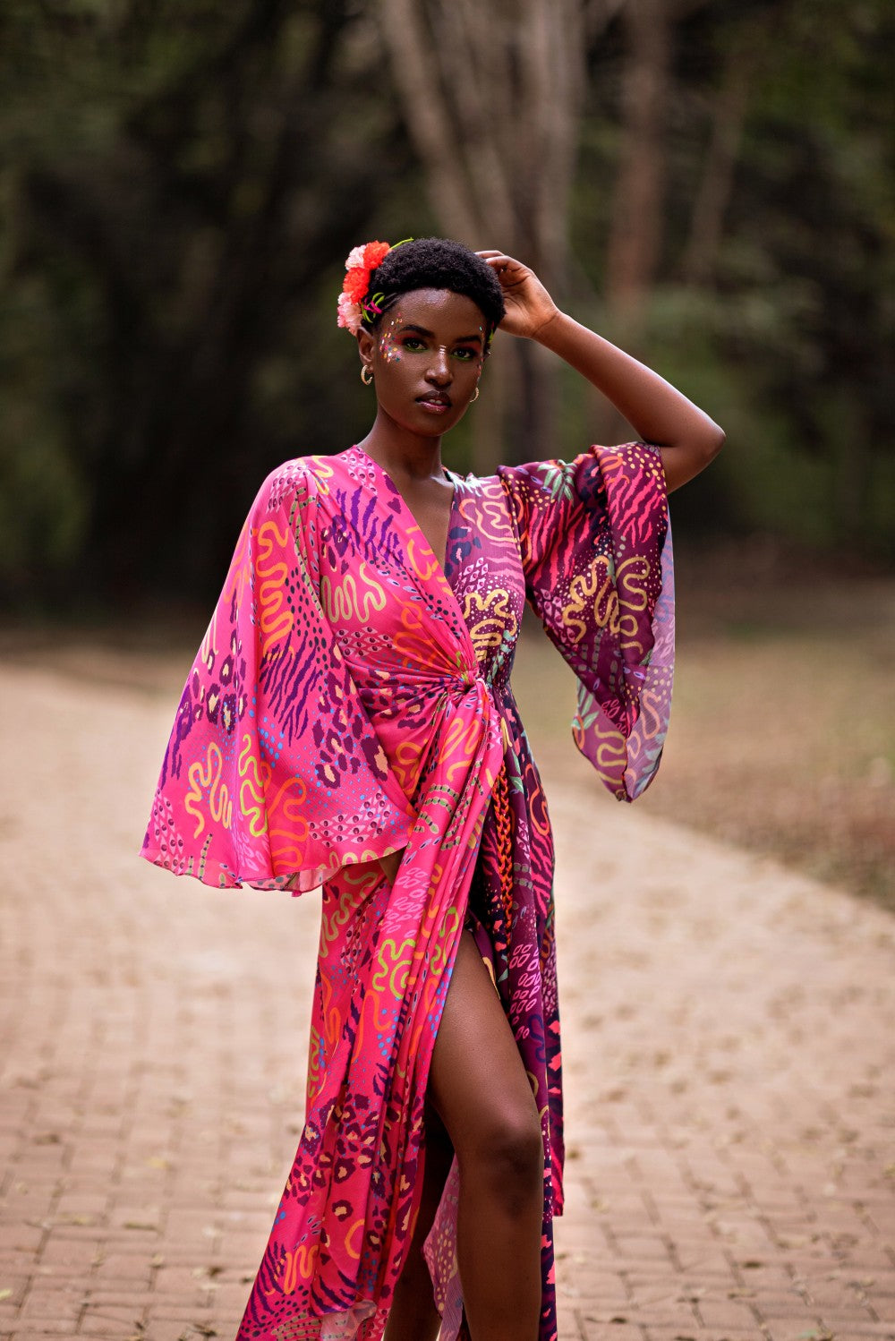 PINK AND WINE PRINT HALF AND HALF DRAPE DRESS