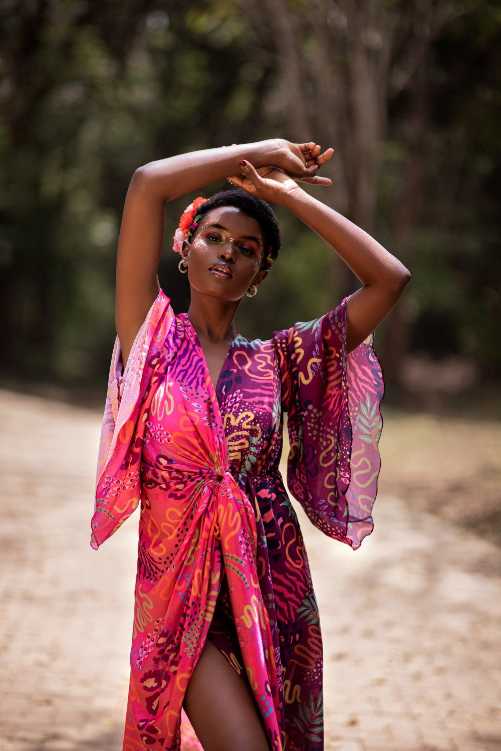 PINK AND WINE PRINT HALF AND HALF DRAPE DRESS