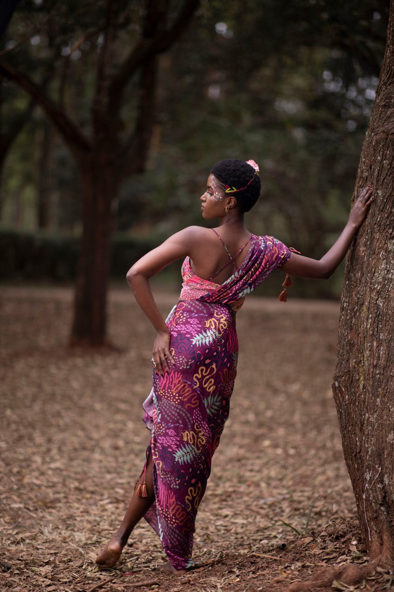 PINK ANIMAL PRINT CROP TOP BLOUSE WITH WINE PRINT DRAPE SKIRT SAREE
