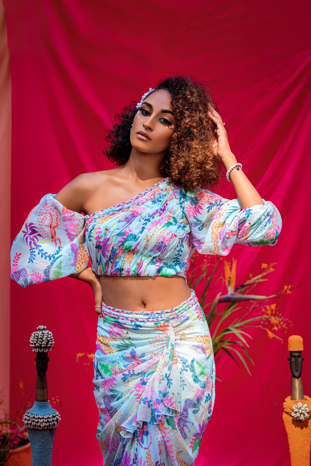 AQUA ONE SHOULDER TOP WITH DRAPED SKIRT