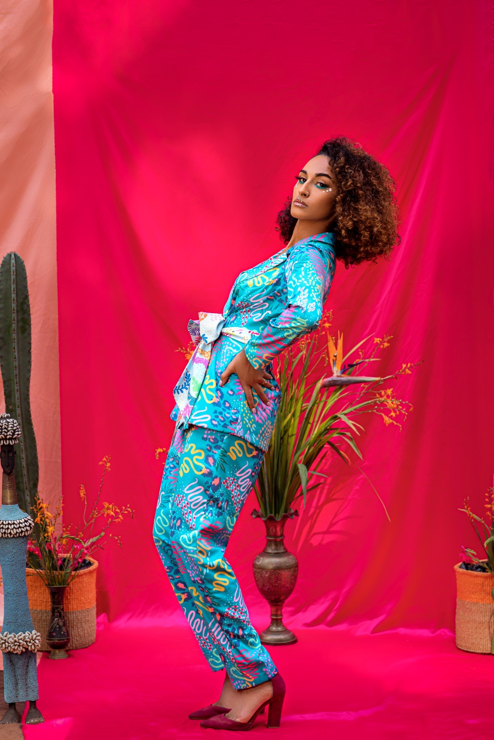 TEAL JACKET SET WITH AN AQUA TIE UP BELT