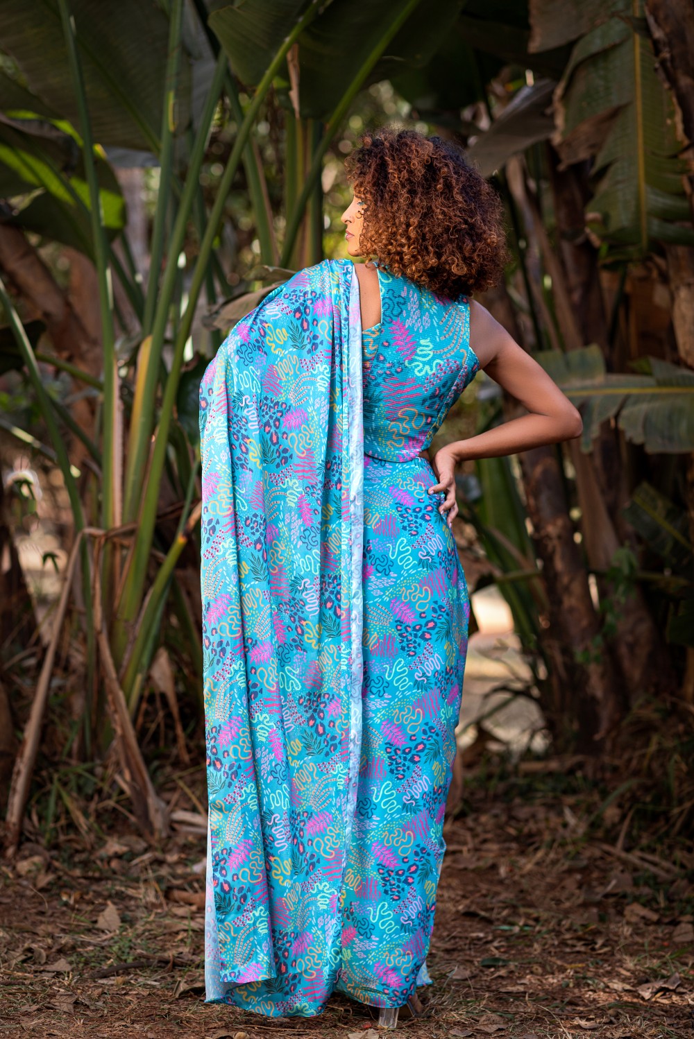 TEAL PRINT CROP TOP BLOUSE WITH DRAPE SAREE